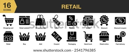 Retail solid icon set. Includes add cart, buy, coupon, discount, fast delivery, hand truck, and More. Solid icons vector collection.