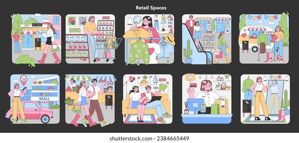 Retail Spaces set. Shoppers exploring city stores, checking out deals, and purchasing goods. Modern consumer experience. Urban shopping adventures. Friendly retail encounters. Flat vector illustration