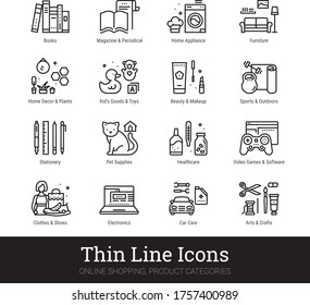 Retail store product categories, e-commerce departments, shopping thin line icons for web, mobile app. Editable stroke. Shop vector set include icons: furniture, appliance, electronics, clothes etc.