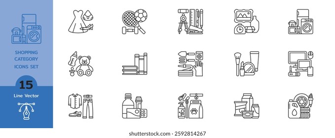 Retail store product categories, e-commerce departments, shopping thin line icons. Shop vector set include icons: appliance, electronics, computer, stationery, clothes etc.