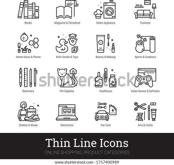 Retail store product categories, e-commerce\
departments, shopping thin line icons for web, mobile app. Editable\
stroke. Shop vector set include icons: furniture, appliance,\
electronics, clothes\
etc.