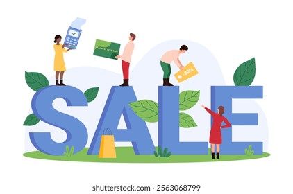 Retail store sales offer, promotion banner design. Tiny people with credit card and POS terminal, percent tag standing on letters of word Sale, price reduction event cartoon vector illustration