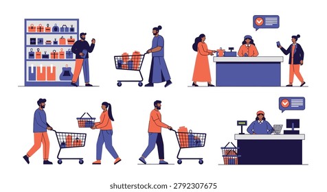 Retail store scene shows various diverse people shopping for groceries with carts and baskets and paying at the supermarket checkout counters.