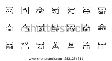 Retail Store and Shopping Icon Set. A collection of icons representing retail store elements, including open and close signs, shop fronts, sales, and customer service symbols in a minimalist style.