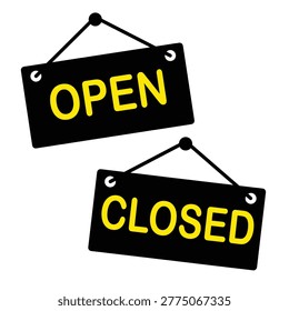 Retail store signage collection, flat vector symbol set, shop status, business hours, customer access, and availability