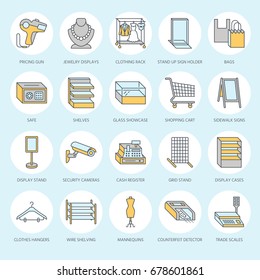 Retail store supplies flat line icons. Trade shop equipment signs. Commercial objects - cash register, basket, scales, shopping cart, shelving, display cases. Thin colored signs for warehouse