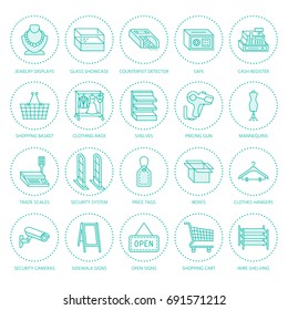 Retail store supplies flat line icons. Trade shop equipment signs. Commercial objects - cash register, basket, scales, shopping cart, shelving, display cases. Thin linear signs for warehouse