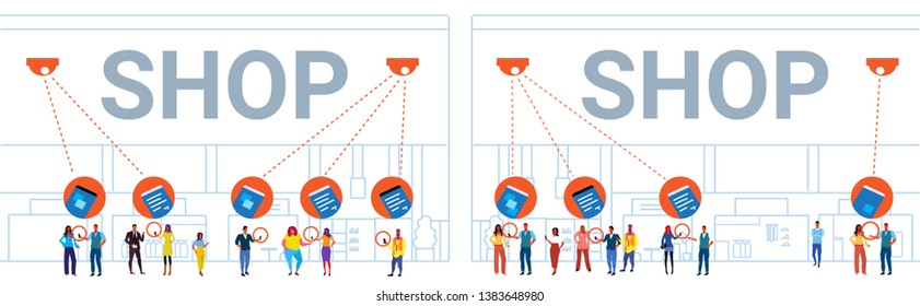 retail store visitors using smartphones security camera surveillance cctv system analysis information from phone concept modern shopping mall interior horizontal sketch doodle full length vector