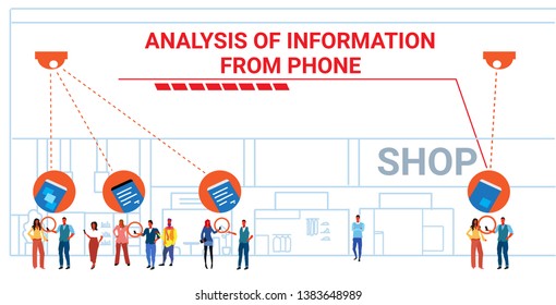 retail store visitors using smartphones security camera surveillance cctv system analysis information from phone concept modern shopping mall interior horizontal sketch doodle full length