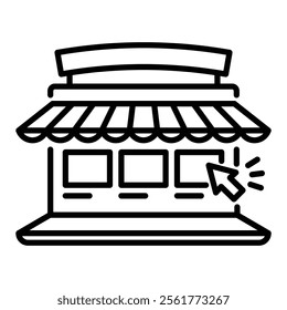 A retail store within a laptop, featuring thumbnails and a cursor clicking, symbolizing online shopping and digital retail experience round line vector icon with editable stroke