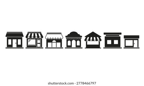 Retail storefront building collection in a black silhouette format featuring boutiques, markets, commerce, cafes, and shops