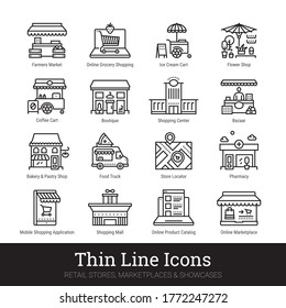 Retail stores, marketplaces, online showcases, shop buildings thin line icons for web, mobile app. Editable stroke. Shop vector set include icons: local market, bakery, bazaar, boutique, shopping mall