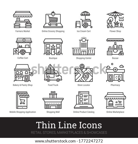 Retail stores, marketplaces, online showcases, shop buildings thin line icons for web, mobile app. Editable stroke. Shop vector set include icons: local market, bakery, bazaar, boutique, shopping mall