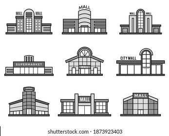 Retail stores symbols. Supermarket icons shopping mall facade building exterior structure monochrome recent vector pictures