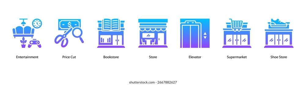 Tiendas minoristas Ilustración vectorial de Anuncio de Web con entretenimiento, corte de Precio, librería, tienda, ascensor, supermercado y zapatería.
