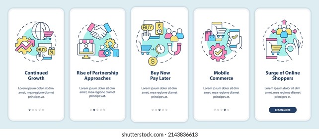 Retail strategy trends onboarding mobile app screen. Trade tendencies walkthrough 5 steps graphic instructions pages with linear concepts. UI, UX, GUI template. Myriad Pro-Bold, Regular fonts used