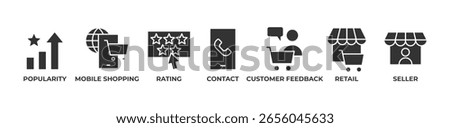 Retail Success Icons set vector illustration glyph with Popularity , Mobile shopping, Rating, Contact, Customer feedback, Retail, Seller
