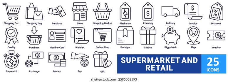 Retail and Supermarket icon set. with icon shopping cart, shopping bag, purchase, store, shopping basket, flash sale, price tag, delivery, invoice, discount, quality, purchase, member card, wishlist