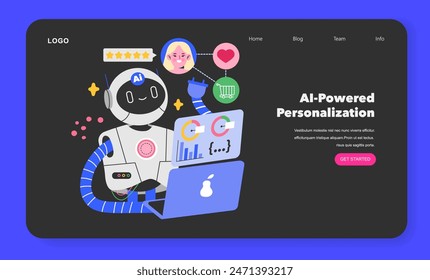 Retail tech concept. AI robot generates personalized online shopping experiences, enhancing customer interaction and satisfaction. Vector illustration.