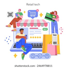Retail Tech concept. Illustrated figures engage with digital shopping, highlighting convenience and modern purchase methods. Enhanced consumer experience, seamless transactions, online retail dynamics
