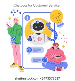 Retail Tech-Konzept. Illustration des KI-Chatbots, der Kunden mit zwei Personen hilft, die sich über Smartphones engagieren. Innovation im Bereich digitaler Kundenservice. Vektorillustration.