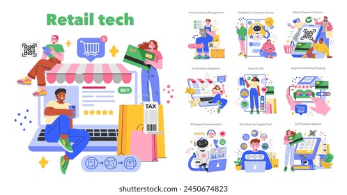 Retail Tech concept. Innovative technologies transforming shopping experience with AI, AR, and e-commerce solutions. Vector illustration.