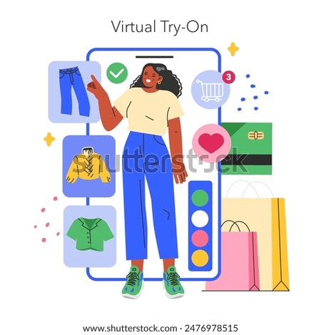Retail Tech concept. A shopper uses a virtual try-on application to choose clothes, reflecting the convenience of modern online shopping. Vector illustration.