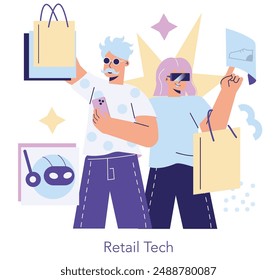 Concepto Retail Tech. Compradores que disfrutan de tecnologías de compra innovadoras. Experiencia comercial moderna con mejoras digitales. Ilustración vectorial.