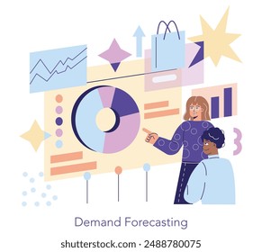 Ilustración de tecnología comercial. Analistas que colaboran en el pronóstico A la carta con gráficos y el símbolo de la bolsa de compras. Estrategia basada en datos para el crecimiento empresarial. Ilustración vectorial.