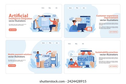 Retail Tech Illustration Set. Insightful AI integration, customer experience, mobile payment solutions, and sustainability in retail. Flat vector illustrations.