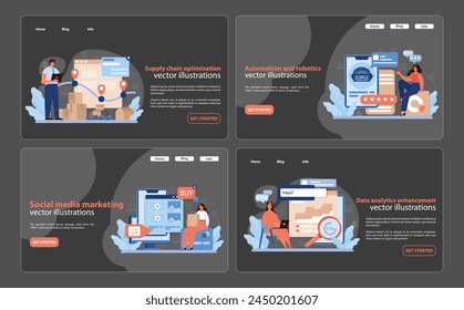 Retail Tech Innovation Set. Detailed visualizations of supply chain optimization, robotics in automation, strategic social media marketing, and data analytics enhancement in retail. Flat vector.