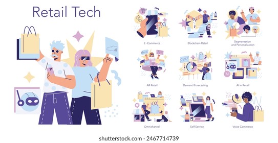 Retail Tech set. Innovative shopping technologies and customer experience advancements. E-commerce, AR, AI, and personalized service trends. Vector illustration.