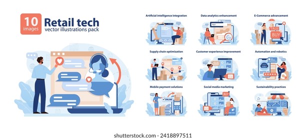 Retail Tech Vector Illustrations Pack. A dynamic showcase of technology integration in retail, featuring AI, data analysis, e-commerce, and sustainable practices.