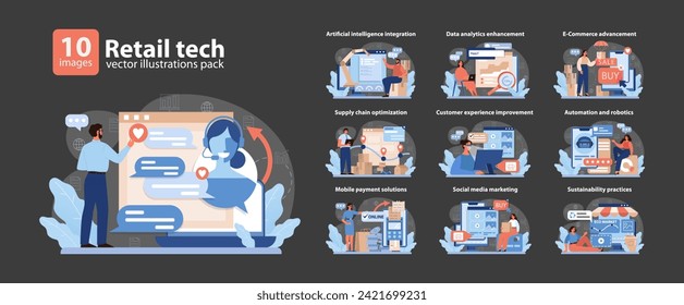 Retail Tech Vector Illustrations Pack. A dynamic showcase of technology integration in retail, featuring AI, data analysis, e-commerce, and sustainable practices.