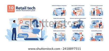 Retail Tech Vector Illustrations Pack. A dynamic showcase of technology integration in retail, featuring AI, data analysis, e-commerce, and sustainable practices.