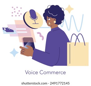 Retail Technology concept. A consumer utilizes voice recognition for shopping online with a smartphone. Modern e-commerce interaction. Vector illustration.