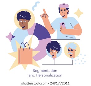 Retail technology concept. Customers represented with data for personalized shopping experiences. Market segmentation strategy. Vector illustration.