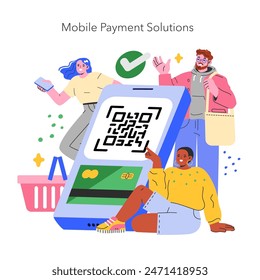 Retail technology concept. A diverse group of people using a mobile payment solution with a QR code. Seamless shopping experience. Vector illustration.