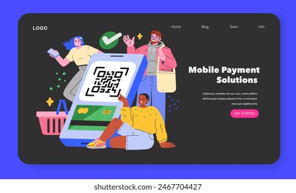 Retail Technology concept. Diverse people engaging with modern mobile payment solutions, with QR code and smartphone. Digital transaction ease. Vector illustration.