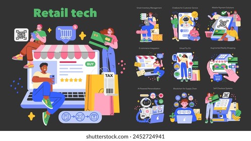 Retail Technology concept. Illustration of digital shopping advancements with QR codes, chatbots, and virtual try-ons. Vector illustration.