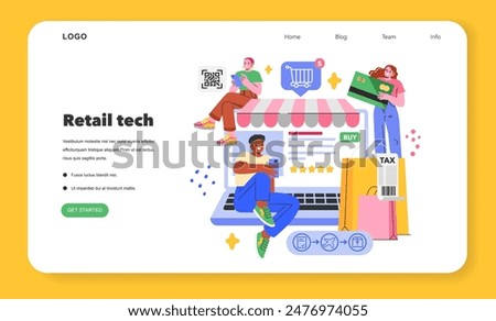 Retail technology concept. Online shopping experience with QR code, digital payment, cart, and tax elements. E-commerce convenience. Vector illustration.