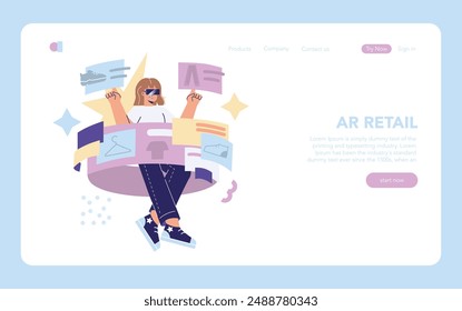 Retail technology concept. Woman interacting with augmented reality interface for online shopping. Emerging tech in e-commerce. Vector illustration.