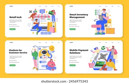 Retail technology set. Advancing commerce via online shopping, inventory management, AI chatbots, and mobile payments. Digital transformation in sales. Vector illustration.