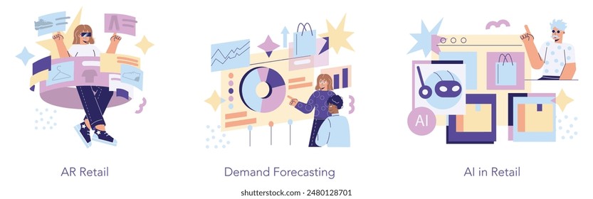 Retail Technology set. Augmented reality shopping, predictive analytics, and artificial intelligence integration. Future of commerce with digital innovation. Vector illustration.