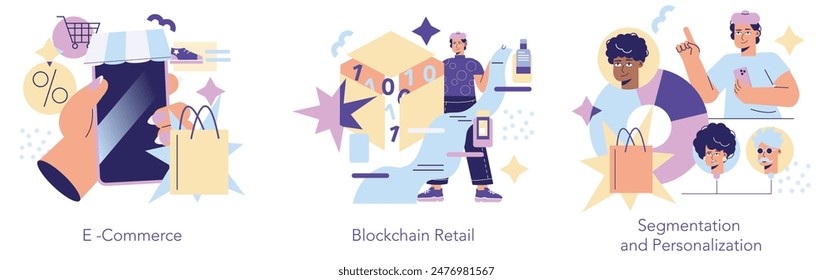 Retail Technology set. E-commerce mobile shopping, blockchain in retail, customer segmentation for personalization. Trendy digital consumer concepts. Vector illustration.
