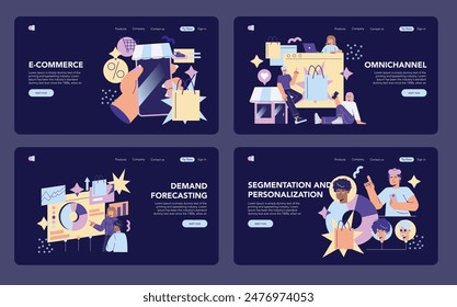 Retail Technology set. Exploring e-commerce, omnichannel strategies, demand forecasting, and customer segmentation. Modern digital shopping experience. Vector illustration.