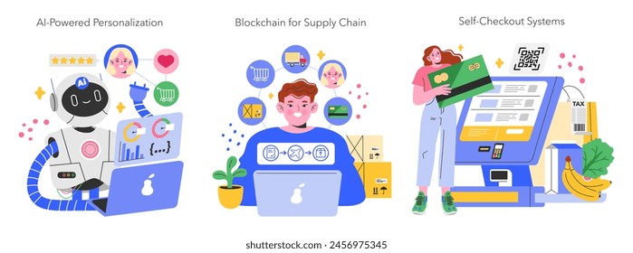 Conjunto de Tecnología minorista con personalización de IA, blockchain en la cadena de suministro y sistemas de Completar compra automático. Innovaciones de compra avanzadas. Ilustración vectorial.