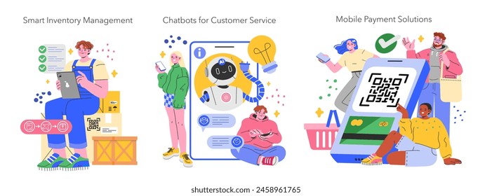 Retail Technology set. Illustration of modern retail innovations including smart inventory management, customer service chatbots, and mobile payment solutions. Vector illustration.