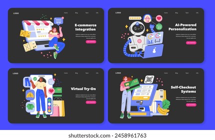 Retail Technology set. Integrating online shopping, personalizing with AI, virtual fitting rooms, and self-checkout innovations. Vector illustration.