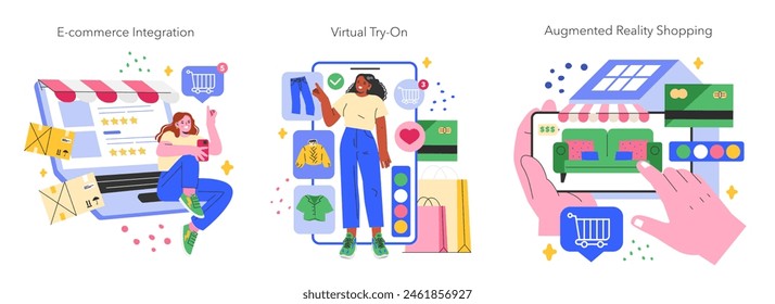 Retail Technology set. Seamless e-commerce integration, virtual try-on experience, and augmented reality shopping. Digital transformation in retail. Vector illustration.